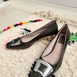 Gianni Bini x Lilly Sisto Patent Leather Block Heels with Silver Buckle
